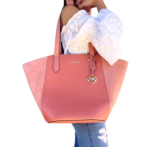 Michael Kors Portia Large Leather & Suede Tote Bag Sunset Rose - Picture 1 of 16